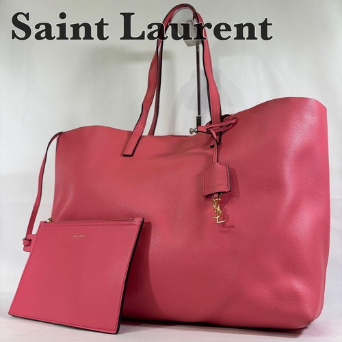 YSL Saint Laurent Tote Shoulder Bag w/ Pouch Pink Leather Logo Clochette Women's