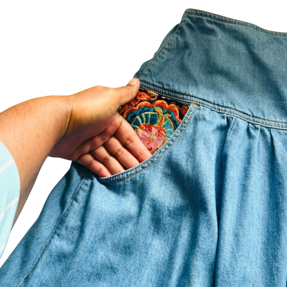 Tsumori Chisato Size 2 Denim Skirt Embroidered Boho Flare Japan Designer — 第 4/4 张图片