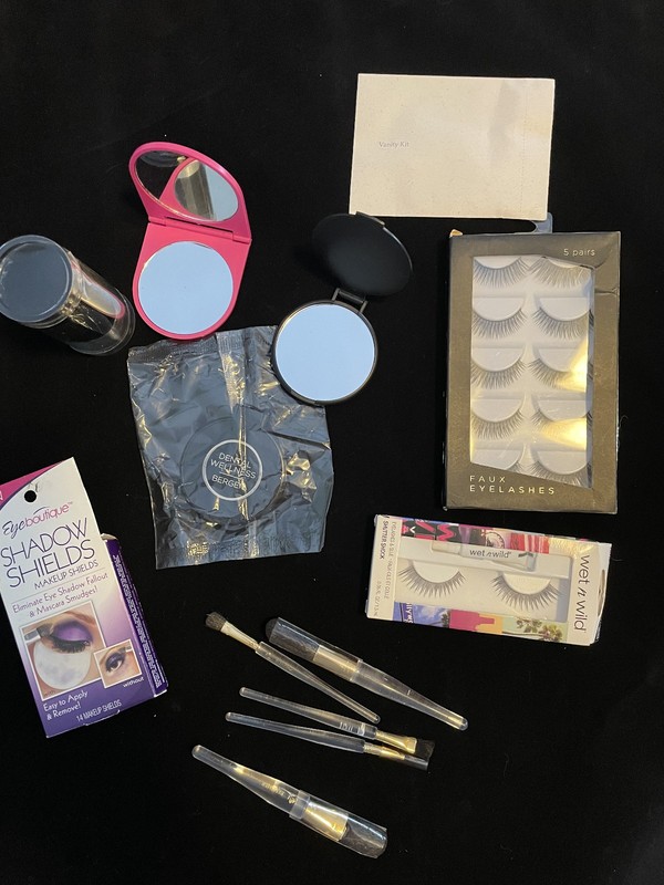 Lot of 13 new makeup supplies, eye lashes, make up brushes, eye shields, mirrors