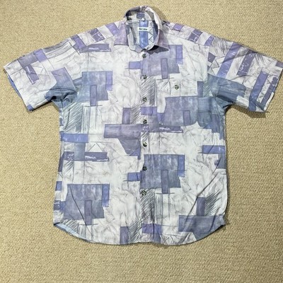 VINTAGE Muster Hemd Herren Medium 90s Oversized Geometrisch Blockprint Gemustert