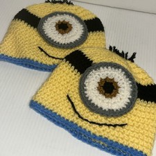 Lot Of 2 Kids/Adult Minion Beanie Hat Handmade Crocheted Knit Big Eye/229e