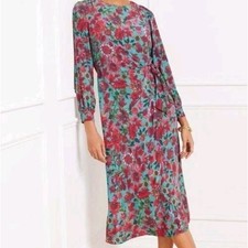 Talbots SIDE TIE MIDI DRESS FLORAL Petites Size 12P Pink Turquoise Career