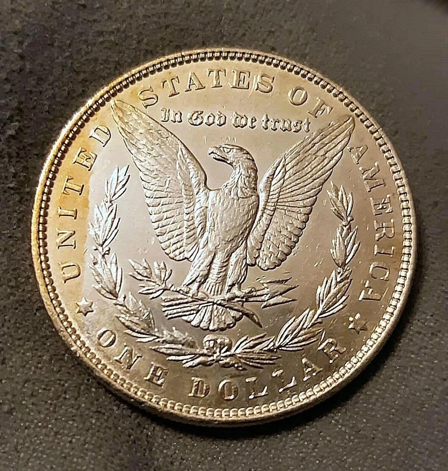 Dólar de plata Morgan 1886 tono ámbar anverso tono ligero reverso detalle fuerte Foto 2 de 2