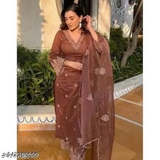 3 PCS Brown Floral Printed Kurta Pant Dupatta Set For Women Pure Cotton Gift