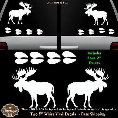 Moose with Hoof Prints Two Pack 5'' White Vinyl Decals Car Truck Any Flat Surface
