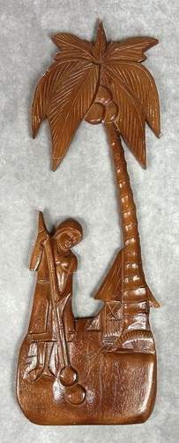 Vintage MCM Tiki Carved Wood Wall Plaque 24" Philippines Tropical Palm Tree Hut