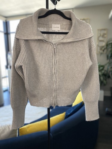 Women’s Size L Cropped Sweater Jacket Grey Large 10 12 Thick Knit Front Zip