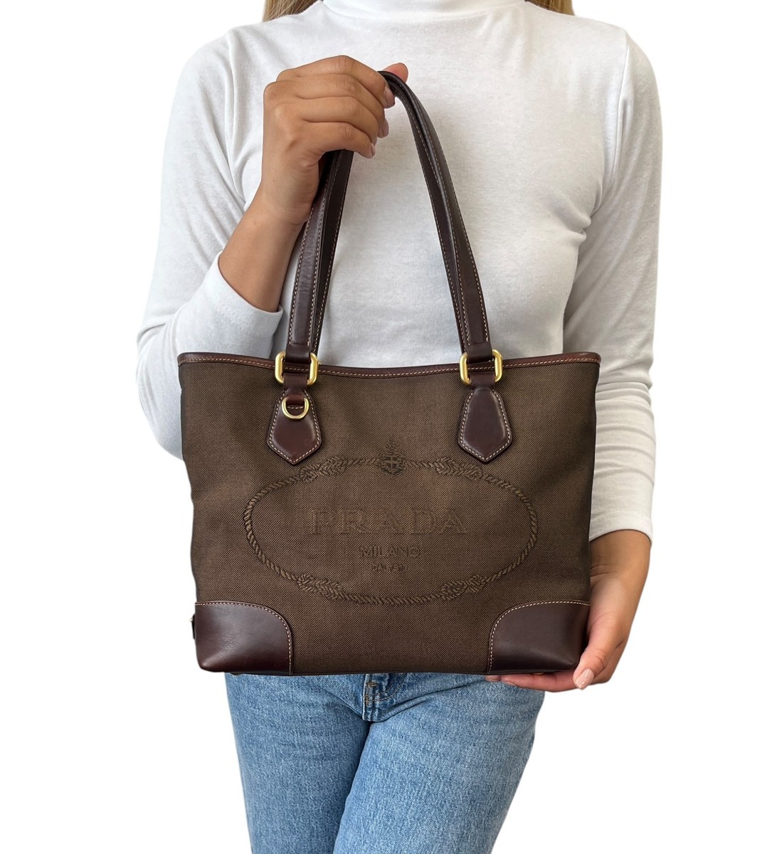 PRADA Vintage Triangle Logo Milano Jacquard Canvas Shoulder Tote