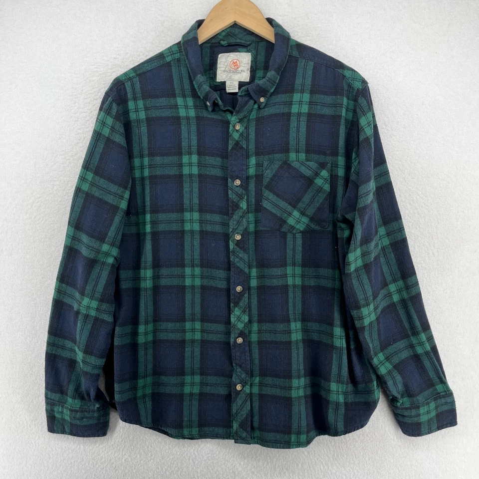 Camisa CLOUDVEIL Para Hombres XL Franela Reloj Negro A Cuadros Abotonada Algodón Occidental Verde Foto 2 de 4