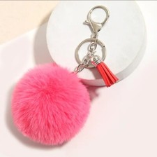 KEYRING Plush Bag Charm Pom Pom Keychain Soft Faux Fur WATERMELON PINK