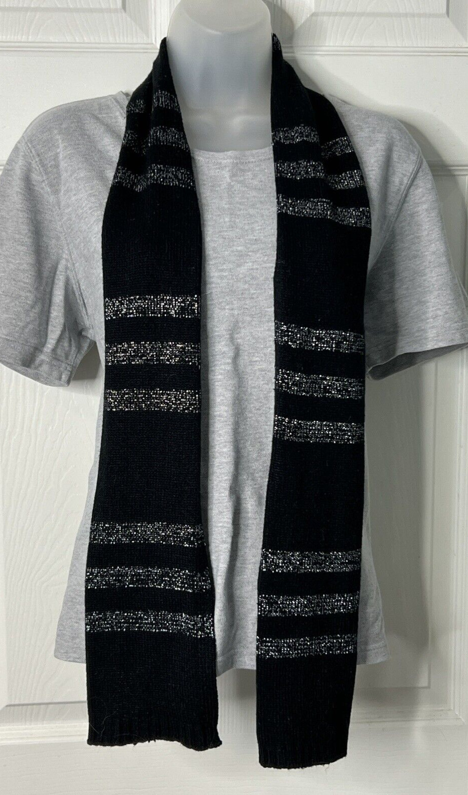 Thin Knit Black Rectangular Scarf with Silver Met… - image 1