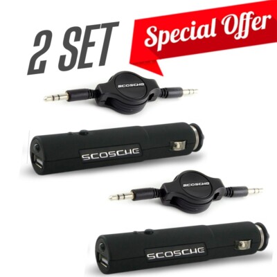Lot of 2 Scosche USB Car Charger w/Flashlight Retractable AUX 3.5mm Audio Cable