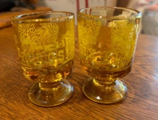 SET OF TWO VINTAGE SIX FLAGS OVER TEXAS AMBER SHOT GLASSES LOG FLUME AND COASTER