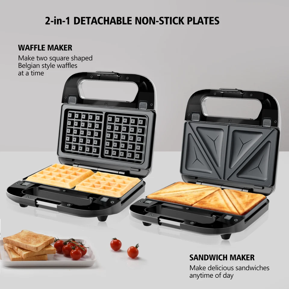750W 2-in-1 Sandwich & Waffle Maker, Removable Non-Stick Plates - Image 3 of 4