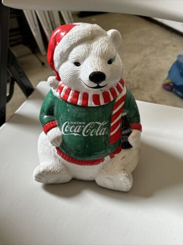 Vintage 1995 Limited Edition Coca-Cola POLAR BEAR with GREEN SWEATER Cookie Jar - Picture 1 of 7