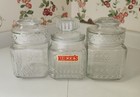 Vintage KOEZE’S GLASS set of 3 Apothecary Candy Decorative Small Jars w/ Lids