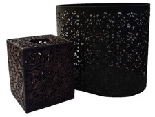 Black Metal Tissue Box and Waste Basket Set Ginco Leaf Burnished Look Vanity