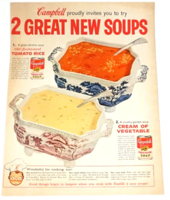 Print Ad 1940's Campbell Soup 2 New Tomato Rice and Cream of Vegetable Tureen