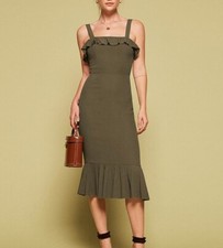 Reformation Frida Olive Green Square Neck Ruffle Midi Dress US 6