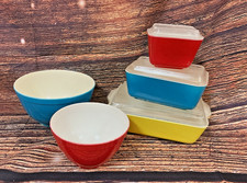 Vintage PLAY KIDS Pyrex Primary Colors Plastic Play Refrigerator Dishes SET