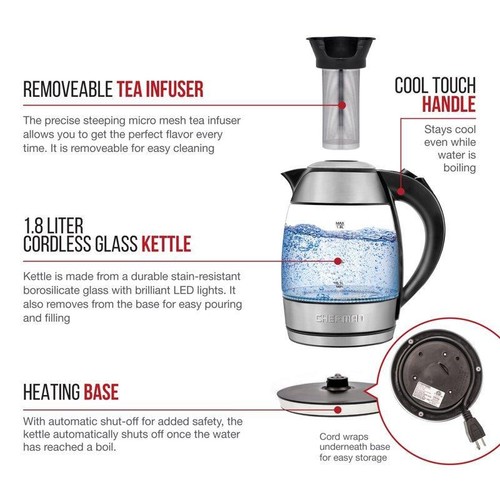 Glass Electric Water Kettle Stainless Removable Tea Infuser Cool-Touch Handle US - 第 3/6 張圖片