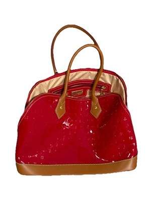 ARCADIA Made In Italy Patent Leath Dome Zip Zip Satchel W Vacchetta Detail Red