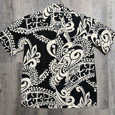 Vtg Pacific Legend Hawaiian Button Up Shirt Black/White Tribal Cotton Camp Large