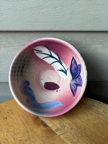 Vintage Kuniyoshi Flower Feather Japanese Studio Art Pottery Bowl 1996 5.5"