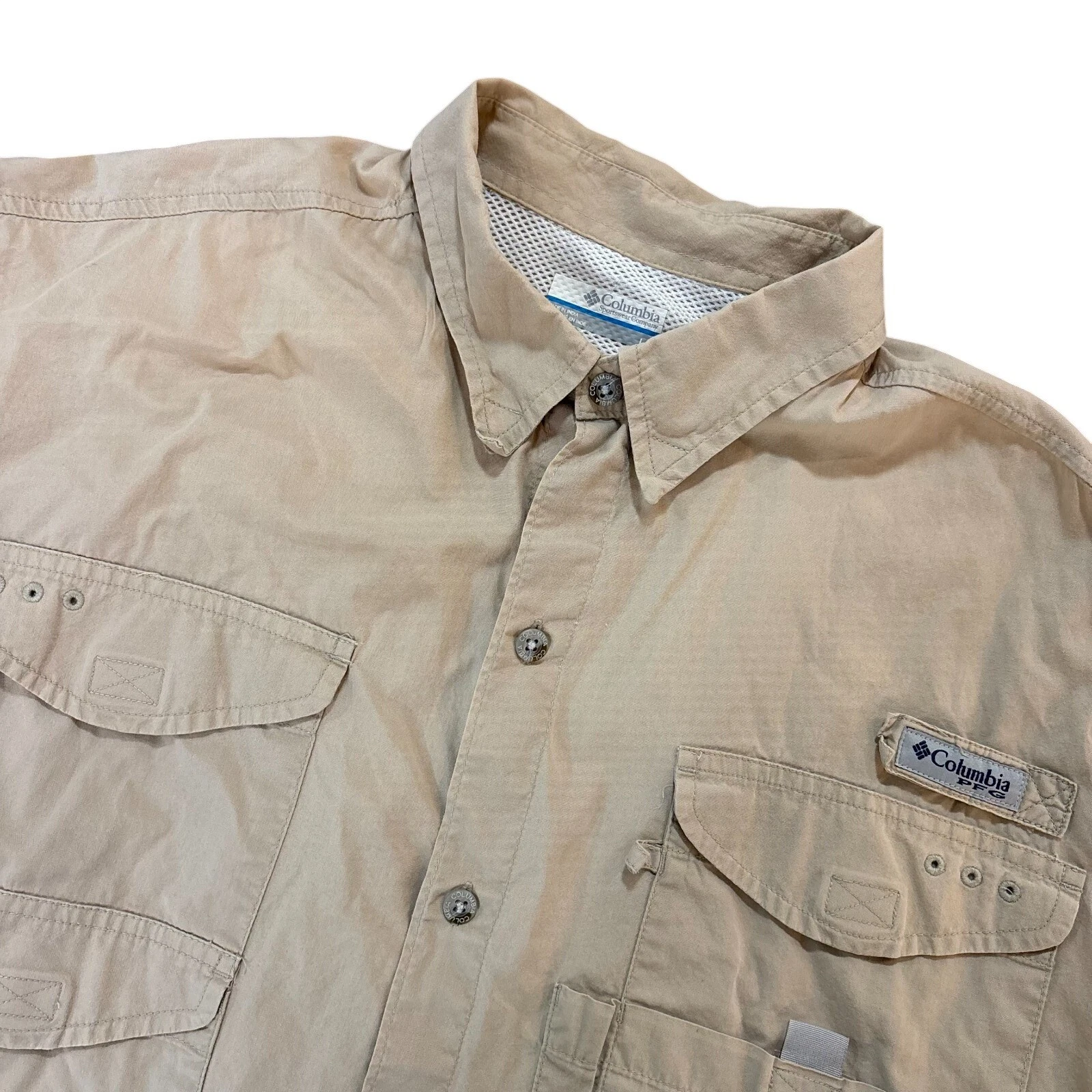 COLUMBIA PFG Fishing Shirt Mens Large Beige Short Sleeve Vented Utility