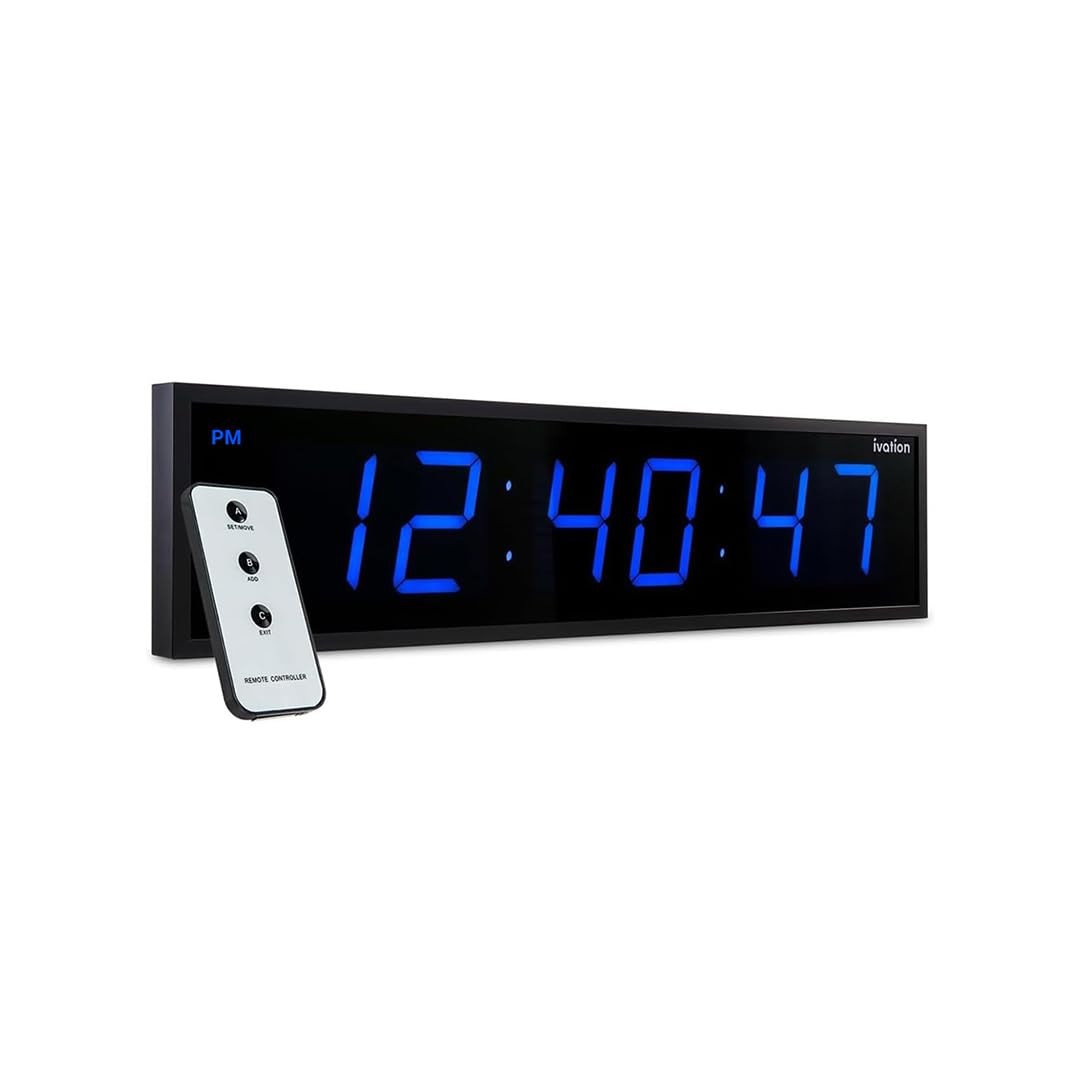 Ivation 24" Large Digital Clock, 6-Level Brightness, LED Wall Clock, Blue