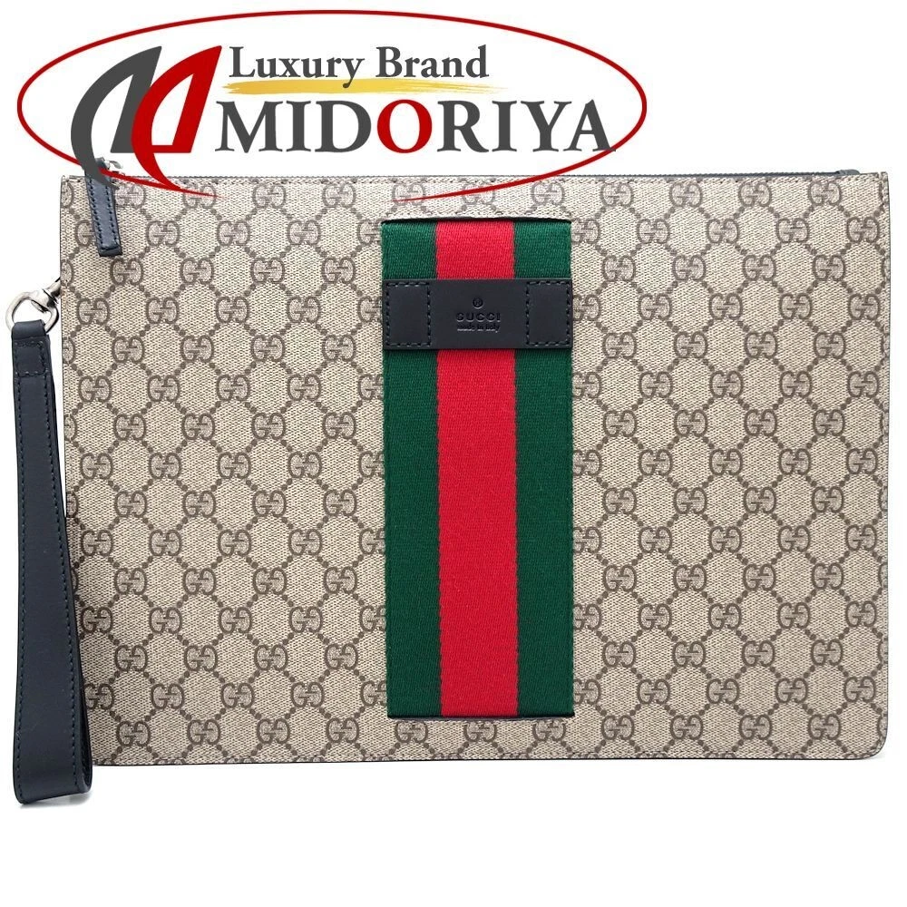 GUCCI 433665 Deuxième sac pochette GG Supreme toile x cuir beige ébène 35213