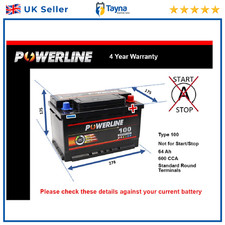 Car Battery 100 Powerline 100 600A 64Ah 4Yr Warranty 278x175x175