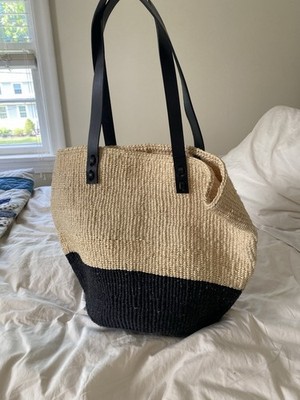 Eileen Fisher Handwoven Bag With Black Leather Straps, Sisal Tote, Black & Beige