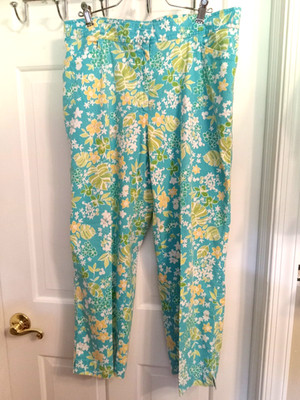 Ladies 14 Sag Harbor-Capris-Turquois/Lime Green/White Print-Elastic Bk Waist
