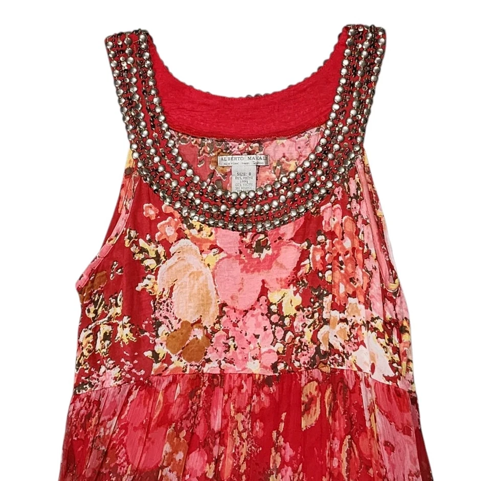 Vestido Alberto Makali Floral Largo Maxi Metálico Lentejuelas Escote Rosa Coral Talla 8 Foto 3 de 4