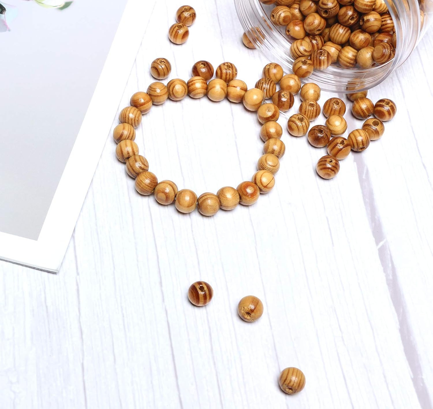 300Pcs 10mm Natural Round Striped Wood Beads Light Brown Assorted Wooden Loose S