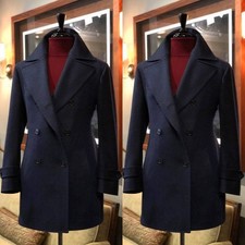 Navy Wool Men's Overcoat Double Breasted Outdoor Coat Casual Winter Long Jacket
