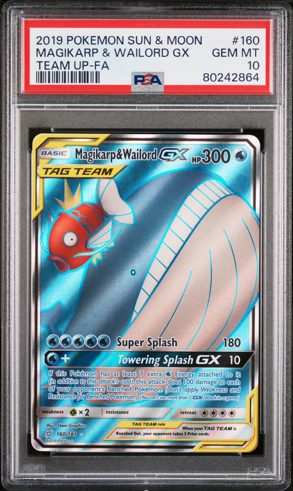 2019 POKEMON SUN & MOON TEAM UP #160 FULL ART/MAGIKARP & WAILORD GX PSA 10