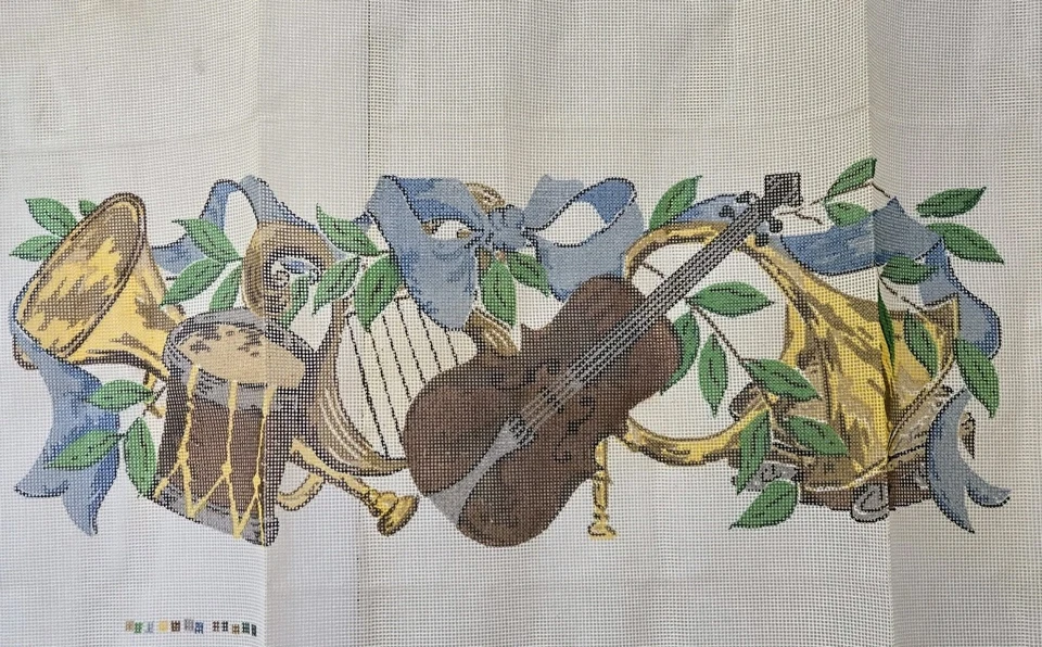 Brunswick Needlepoint Canvas Musical Instruments Violin Drum French Horn Lg Vtg - Image 2 of 4