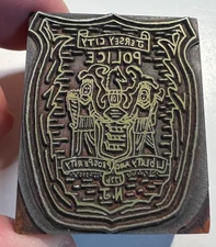 Vintage Letterpress Printer Block Stamp Jersey City NJ Police Liberty Prosperity