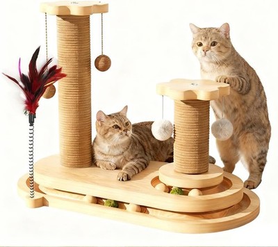 Cat Scratching Post, Sisal Cat Scratcher Post - 4-in-1 Cat Solid Wood Activity C