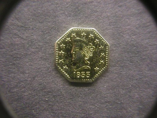 1855 California Gold Liberty Head Octagonal 1/2 Token/Coin: with Bear on Back