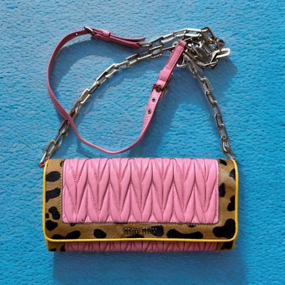Miu Miu Pink Lambskin Matelasse Leopard Calf Hair Wallet on Chain Crossbody Bag