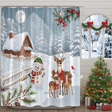 Winter Christmas Shower Curtain,Snowman Deer Decor for 70"Wx70"H, Blue,white