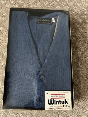 NOS Vintage 1970s Le Chevron Button Up sweater Blue Button Up Cardigan DuPont