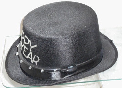Classic Black Derby Hat w/ Silver Glittered Happy New Year w/ Flashing Lights