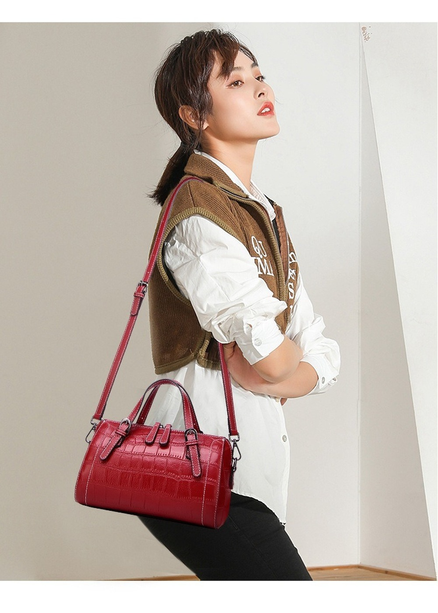 Crocodile Pattern Boston Bag Genuine Leather Large Tote Handbag