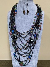 Multi Lyers Navy Blue Glass Seed Bead Multi Color Bead Necklace earring Set