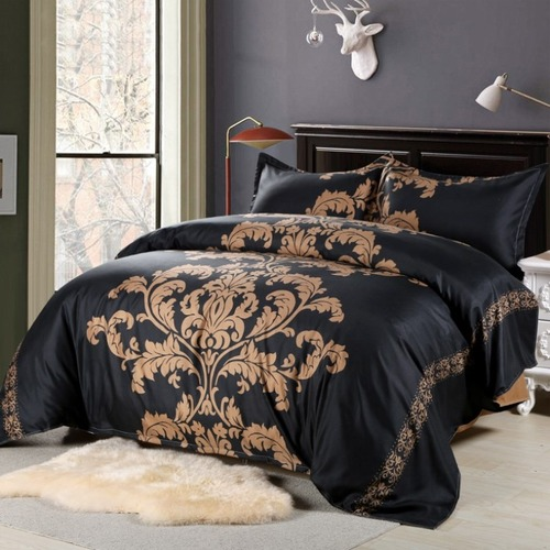 Duvet Cover Reversible Floral Printing Bedding Sets Red/Golden Quilt Cover Set-image