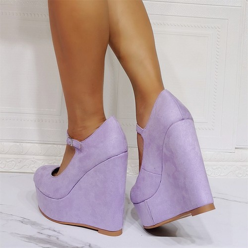 Lila Wildleder Pumps Damen Plateau runde Spitze Keilabsatz Party Schuhe Größe 5-20 - Bild 5 von 7